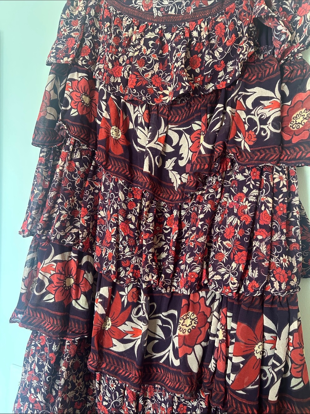 FARM Rio (Saks Fifth Avenue) Tiered Floral Maxi Skirt in Burgundy Red Cream L - Picture 6 of 6
